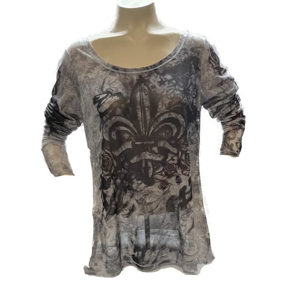 ROCK & REPUBLIC GRAPHIC SHEER LONG SLEEVE SHIRT NWT SIZE L - Picture 2 of 5